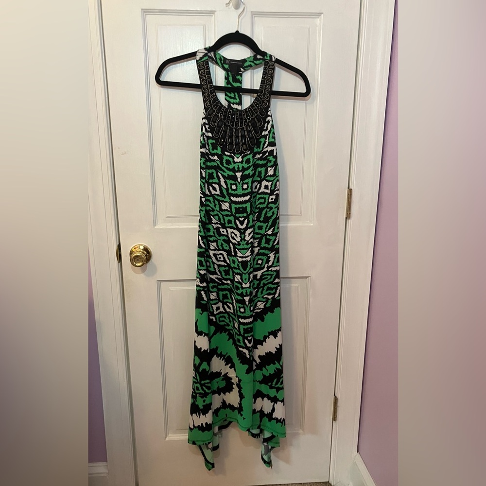 Green Patterned Sundress with Black Rhinestone Neckline
